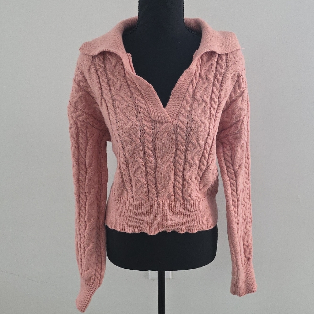 So Me V-Neck Cable Knit Sweater in Pink